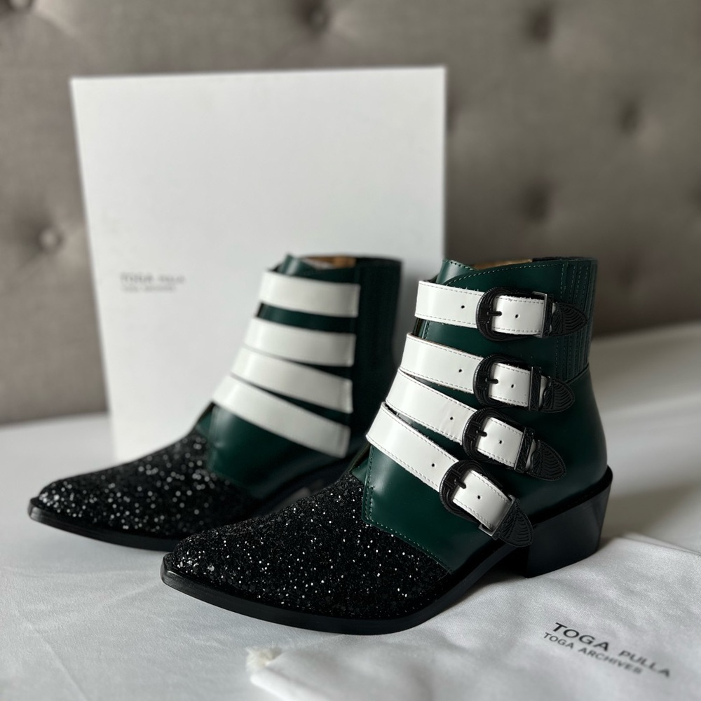 Toga Pulla-AJ006 Dark Green/Black Glitter Boots, Size 7.5, EU 38.5.